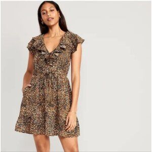 OLD NAVY | Waist-Defined Ruffle-Trim Mini Dress leopard Print Sz S